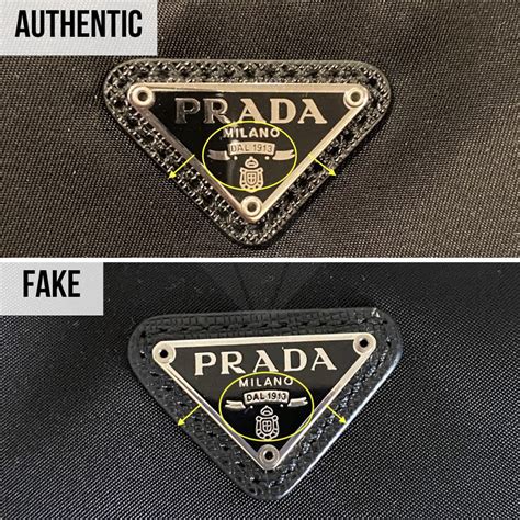 authentic prada logo vs fake|prada triangle logo plaque.